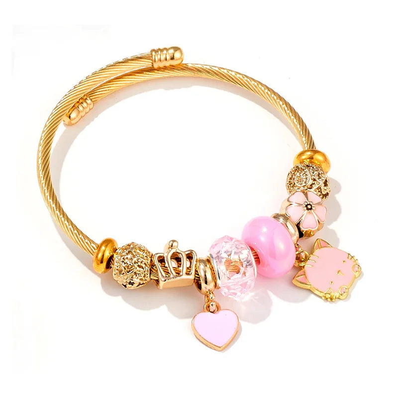 Pulseras con dijes de corona de flor de gato para mujeres y niñas, brazalete de acero inoxidable de Color dorado, accesorios dulces, joyería, regalo de Navidad