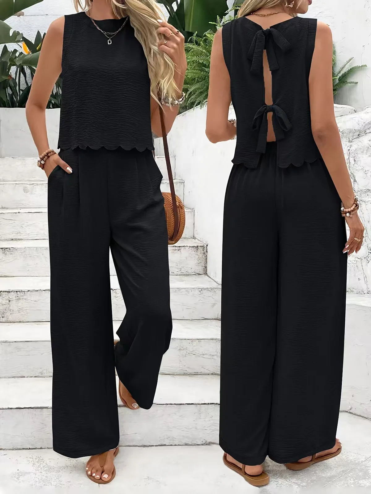 Conjunto QX 2025 | Sin Mangas y Pantalón con Lazo | Top sin Mangas y Pantalón con Detalle de Lazo