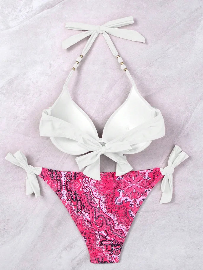 Bikini de Neón con Lazo Lateral y Estampado de Cachemira Push Up