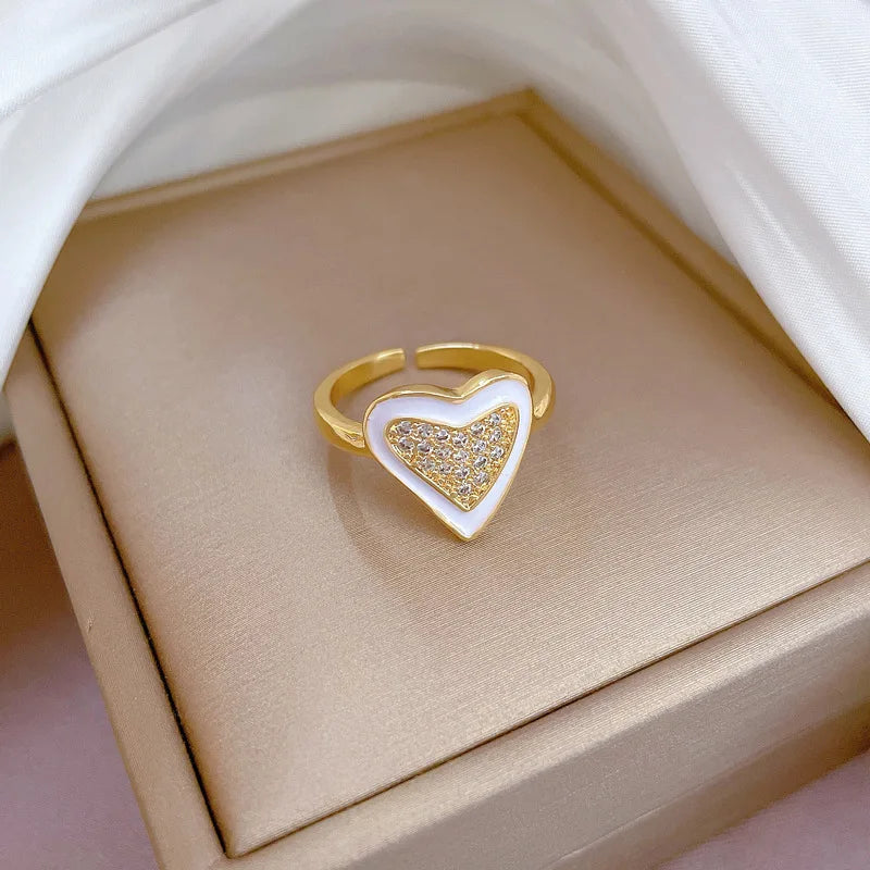 Anillo de corazón de circón de esmalte blanco exagerado chapado en oro de 18 quilates para mujer, anillo de cobre abierto ajustable, regalos de joyería para amigos