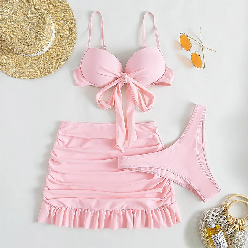Conjunto de Bikini 3 Piezas con Falda - Top con Nudo y Bottom de Tiro Alto