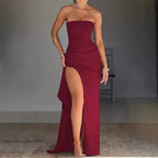 Vestido negro de fiesta 2025 | Sin tirantes, con espalda descubierta y abertura