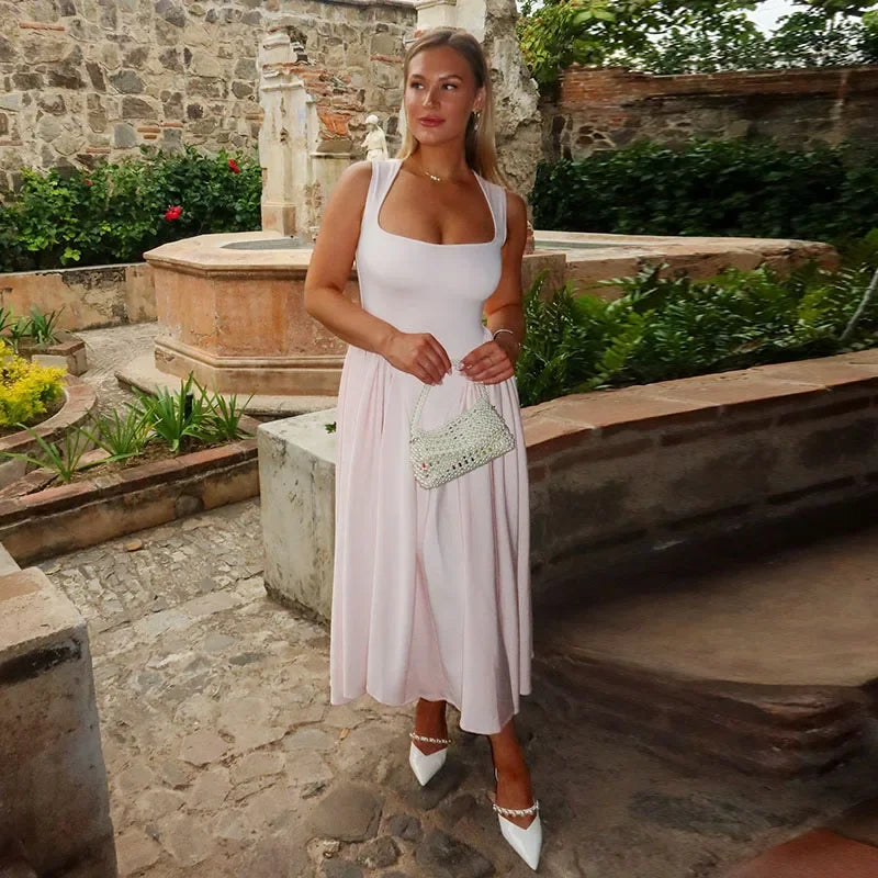 Vestido Camisola Largo sin Mangas Elegante con Cuello Cuadrado