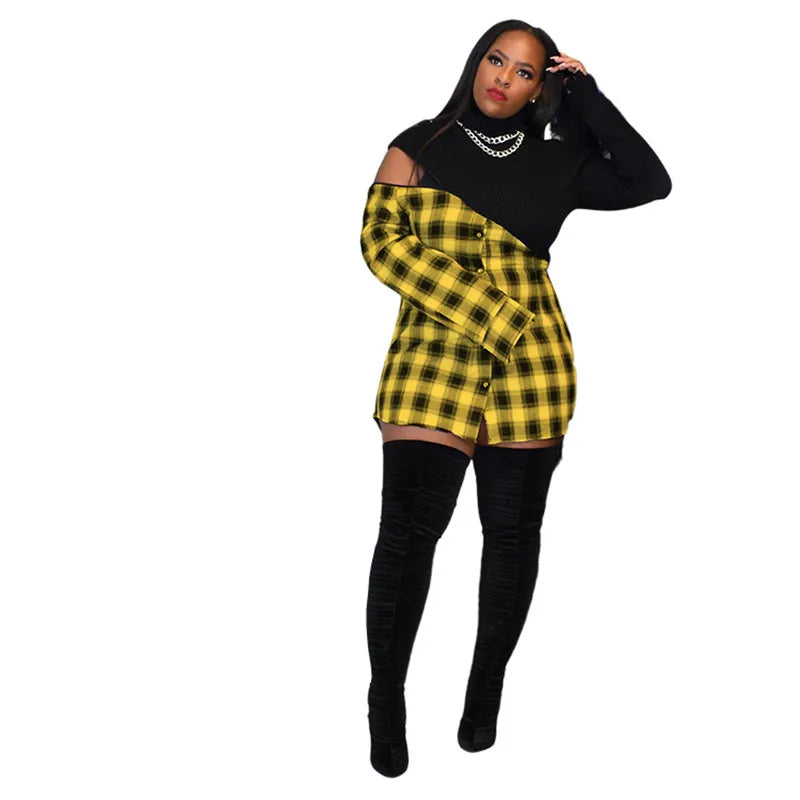 Vestidos de S-3XL de talla grande para mujer, minivestidos de cumpleaños a cuadros de retazos, trajes de Club, ropa de primavera, venta al por mayor, envío directo, 2022