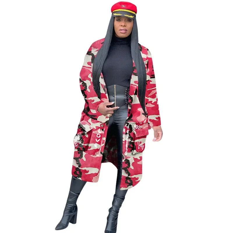 Gabardina de camuflaje para mujer, ropa de talla grande, abrigo con estampado de letras, ropa de calle, Top corto de estilo largo, venta al por mayor, envío directo, 2020
