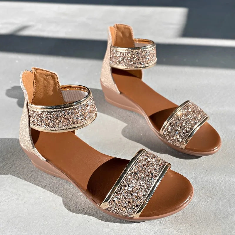Sandalias de Tacón de Cuña con Brillo Suela Suave Antideslizantes
