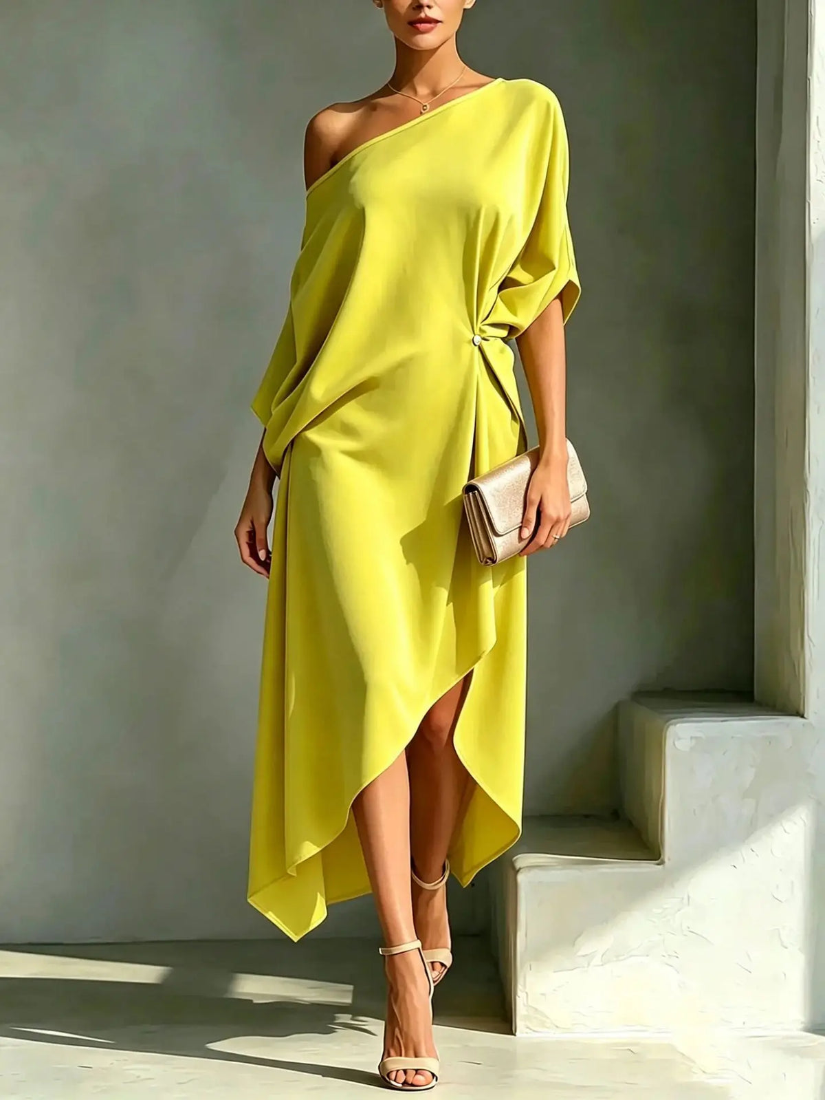 Vestido Maxi Fruncido Asimétrico Hombros Descubiertos