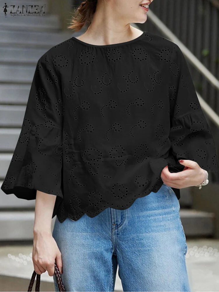 Elegante Blusa de Verano Bohemio Manga Tres Cuartos con Huecos