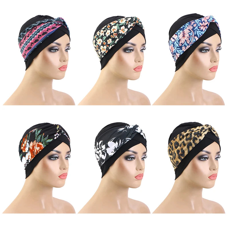 Nuevo turbante con estampado Floral y nudo torcido para mujer musulmana, Hijab, gorro para quimio, gorro elástico indio para mujer, pañuelo para la cabeza, gorro para la pérdida de cabello