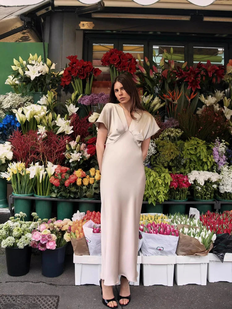 Vestido largo de satén plisado para mujer, estilo vintage francés