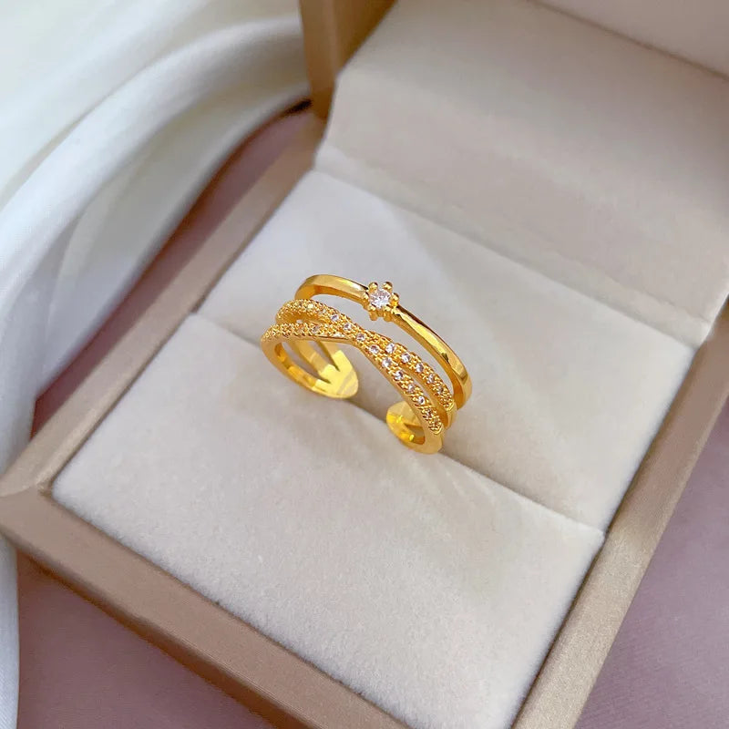 Anillos ajustables con forma de cruz de circón para mujer y niña, anillos de cobre de doble capa de Color dorado, accesorios para dedos, regalos