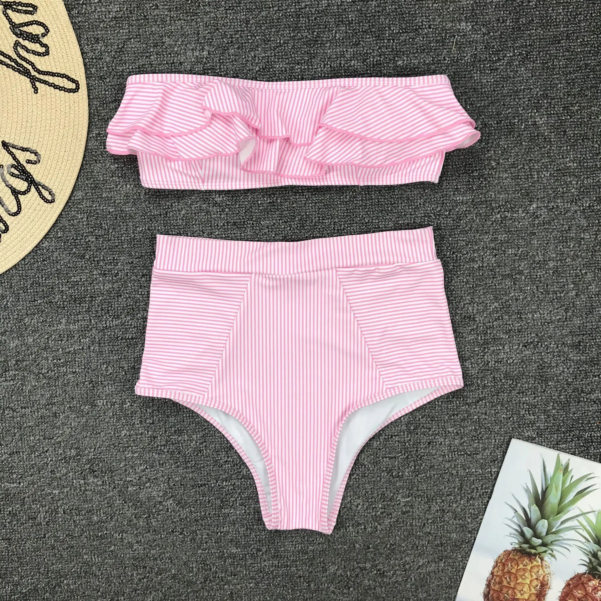Bikini De Cintura Alta Rayas Irregulares Playa Mujer Dos Piezas