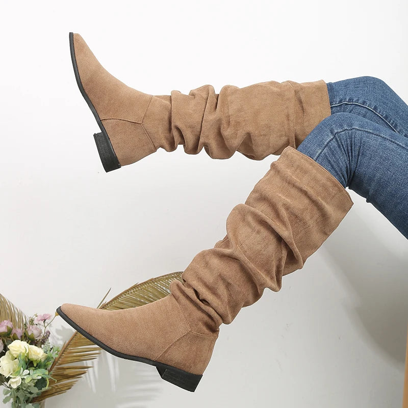 Botas Hasta La Rodilla Gamuza Vintage Tacón Grueso Tica Elegante