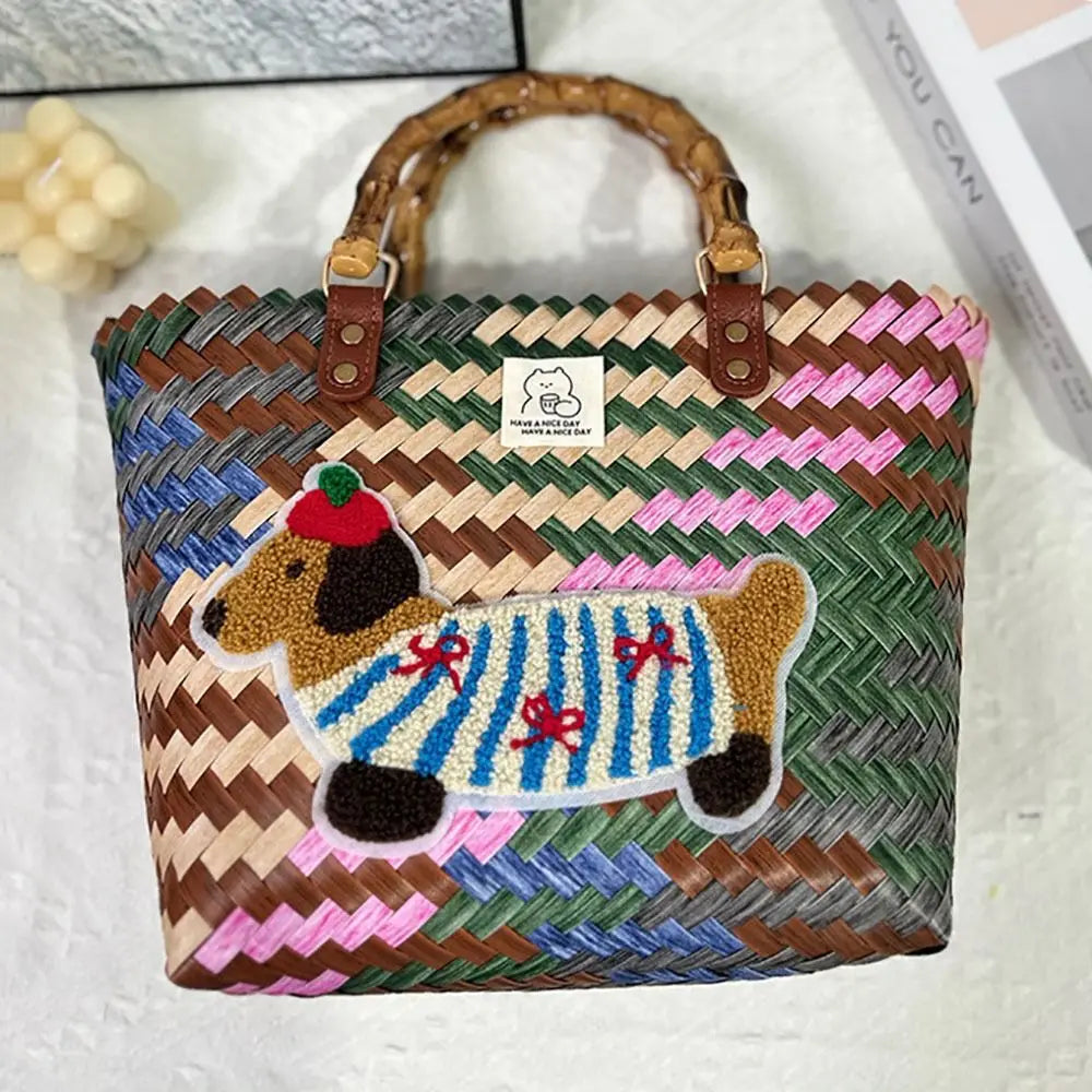 Bolso Tejido de Gran Capacidad con Diseño de Perro Salchicha y Asa de Bambú