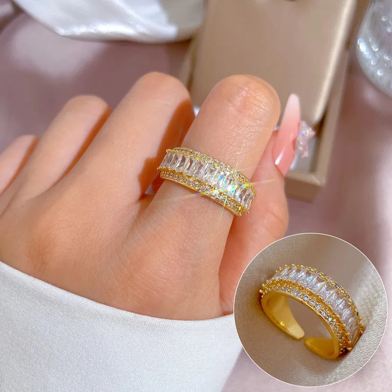 Anillos de circón gruesos brillantes de lujo chapados en oro de 18k para mujer, anillo de cobre abierto ajustable a la moda, joyería, regalos de boda
