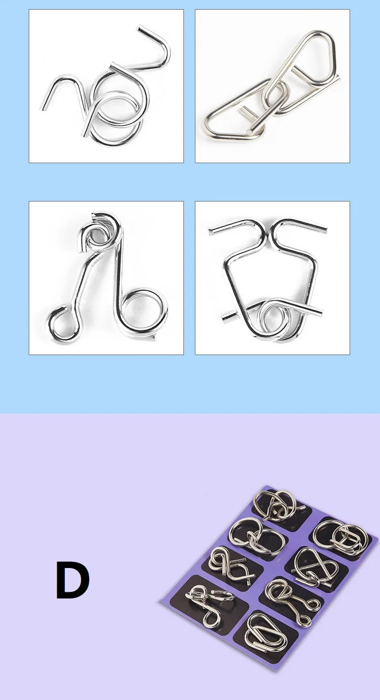 Rompecabezas de anillo chino de Metal para niños y adultos, puzles mágicos, rompecabezas clásicos, IQ Brain Teaser, 8 juegos por paquete
