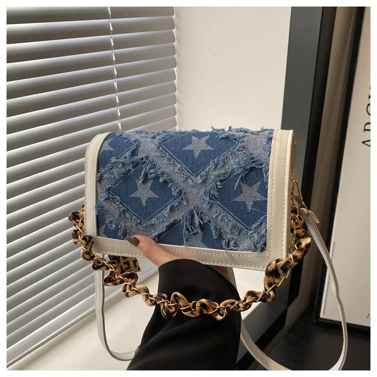 Bolso Hombro Vaquero Mujer Retro Estrellas Cinta Leopardo