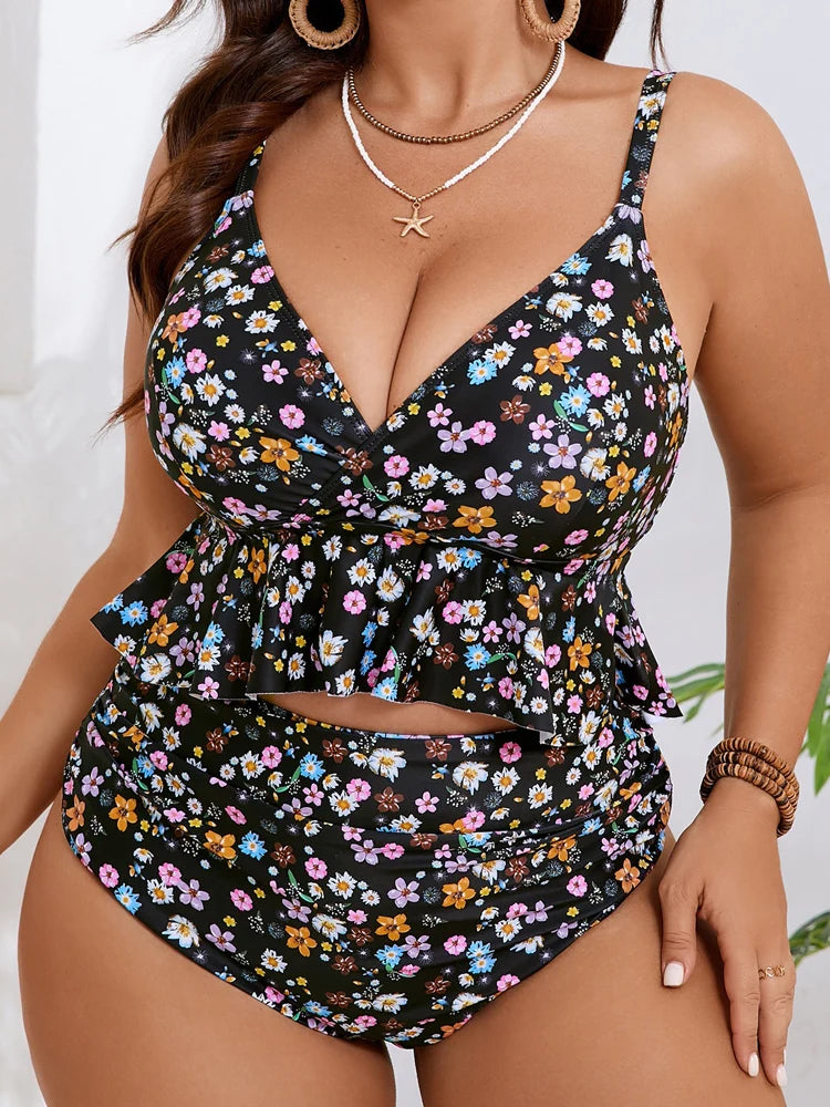 Tankini Estampado con Volantes y Cintura Alta