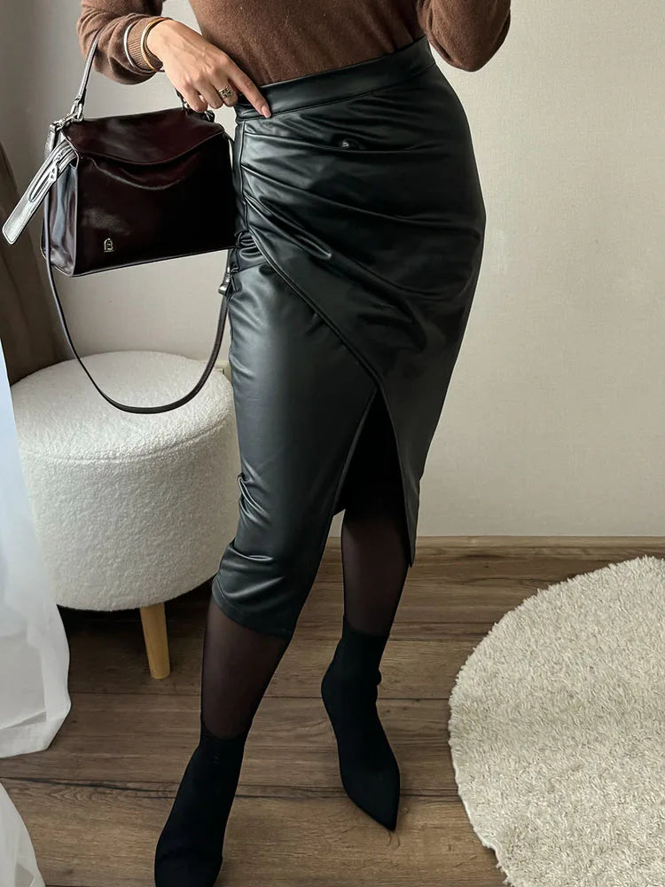 Falda Midi De Cuero Sintético Con Abertura Y Pliegues Sexy