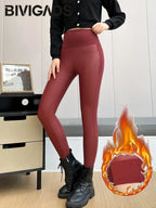 Leggings Cuero PU Polar Otoño Invierno | Empalmado Ajustado Sexy Rojo | Alta Elasticidad Cálida | Ticotrendy