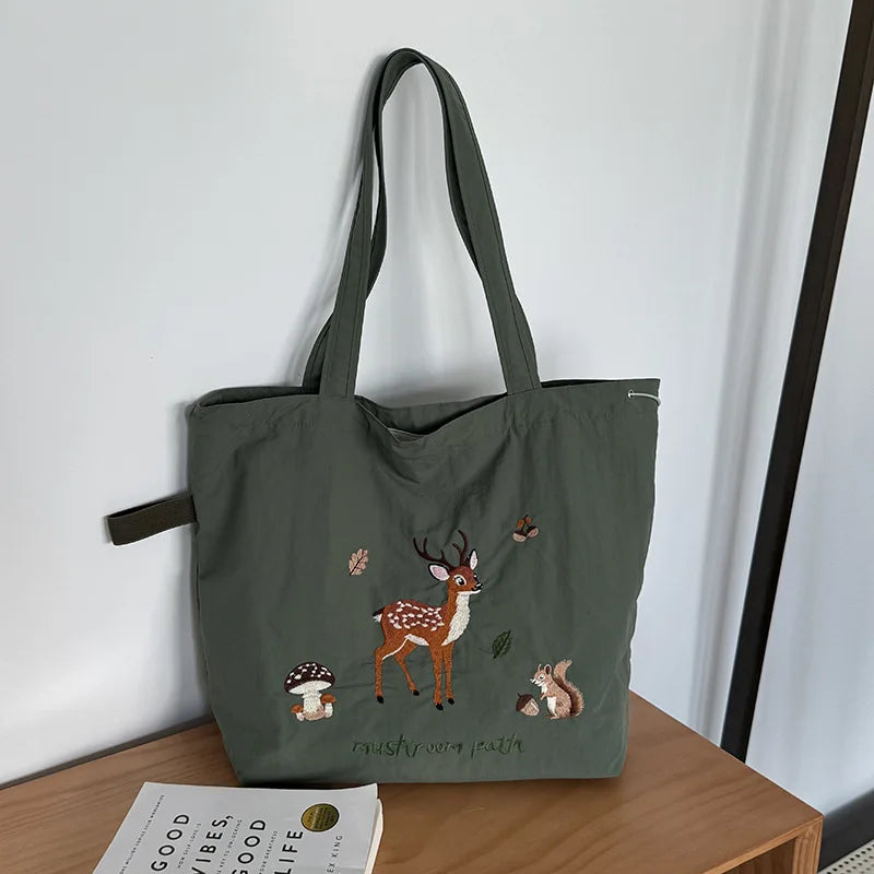 Bolsos de hombro de nailon con bordado de dibujos animados para mujer, bolso informal de gran capacidad para estudiantes, bolsos sencillos con cordón para mujer