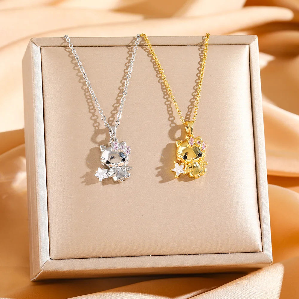 Sanrio lindo ángulo de Hello Kitty con collares con colgante de estrella de circón para mujeres niñas Color oro plata joyería de cadena de acero inoxidable