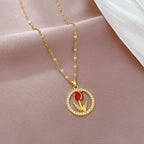 Collar Acero Inoxidable Vintage Flor Rosa Roja Circones Brillantes | Regalo Accesorio Elegante