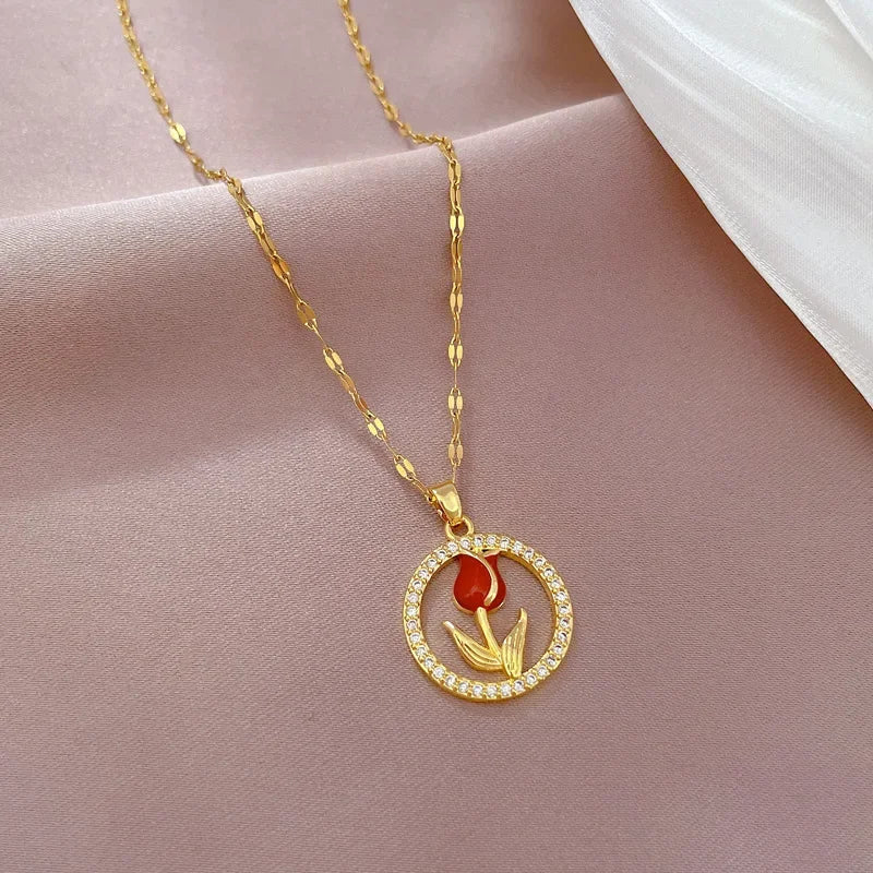 Collar Acero Inoxidable Vintage Flor Rosa Roja Circones Brillantes | Regalo Accesorio Elegante