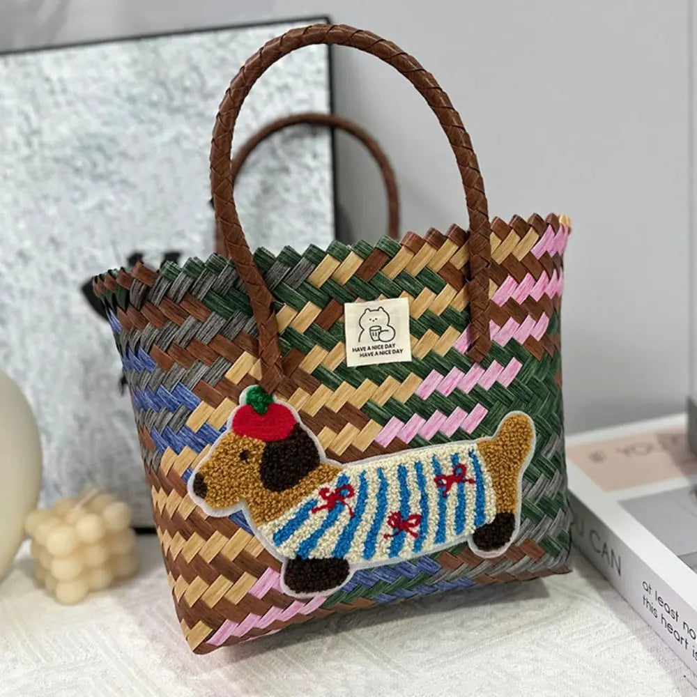 Bolso Tejido de Gran Capacidad con Diseño de Perro Salchicha y Asa de Bambú
