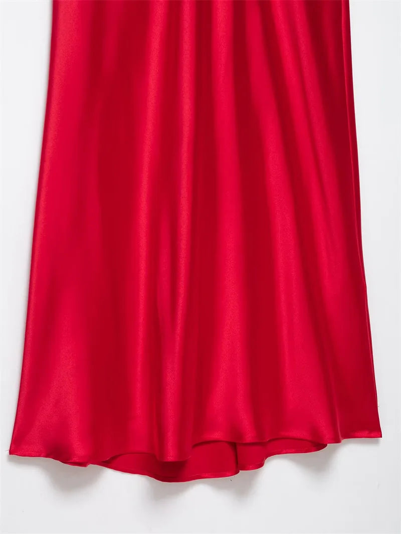 Vestido Rojo Satinado | Cuello en V y Cremallera Trasera | Tropical 2025