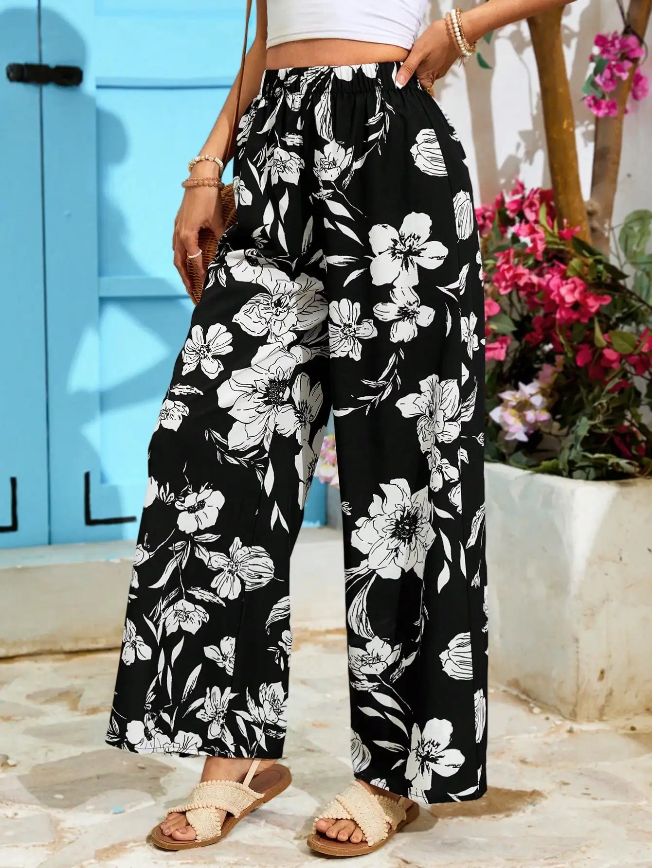 Pantalón Bohemio Traf | Cintura Alta y Pierna Ancha - Estampado Floral