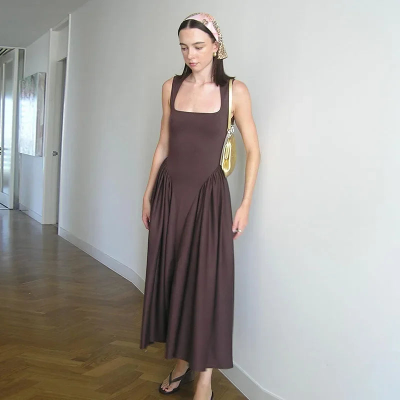 Vestido Camisola Largo sin Mangas Elegante con Cuello Cuadrado