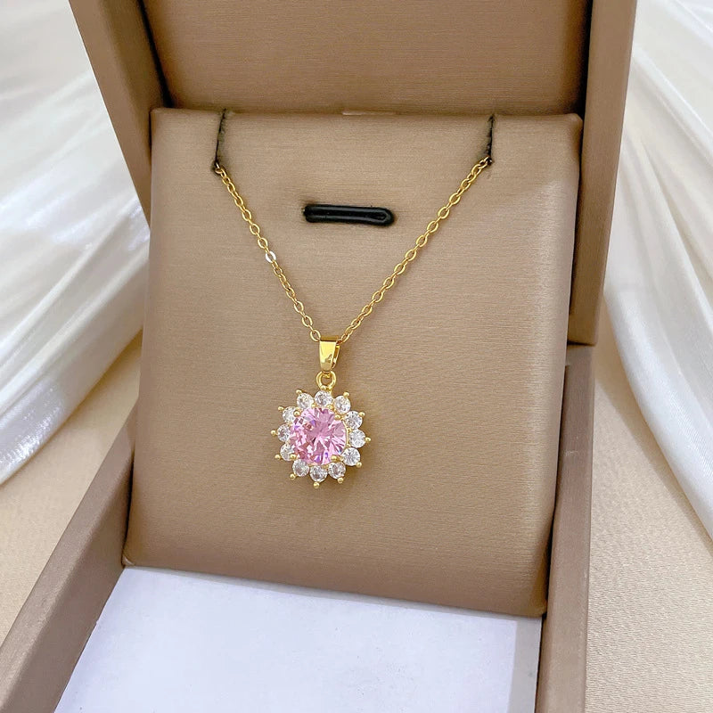 Collar Flor Circón Rosa ∣ Cadena Acero Inoxidable ∣ Lujo Simple Femenino