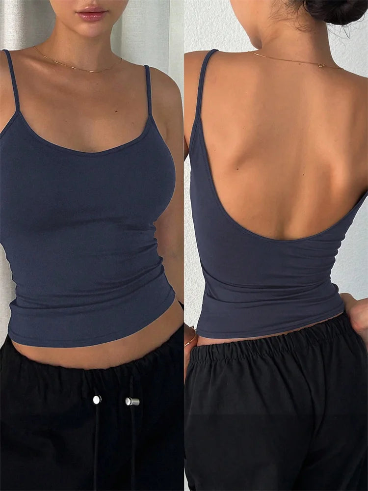 Top corto sin espalda para mujer, Top informal sin mangas de Color sólido, ropa de calle Y2K