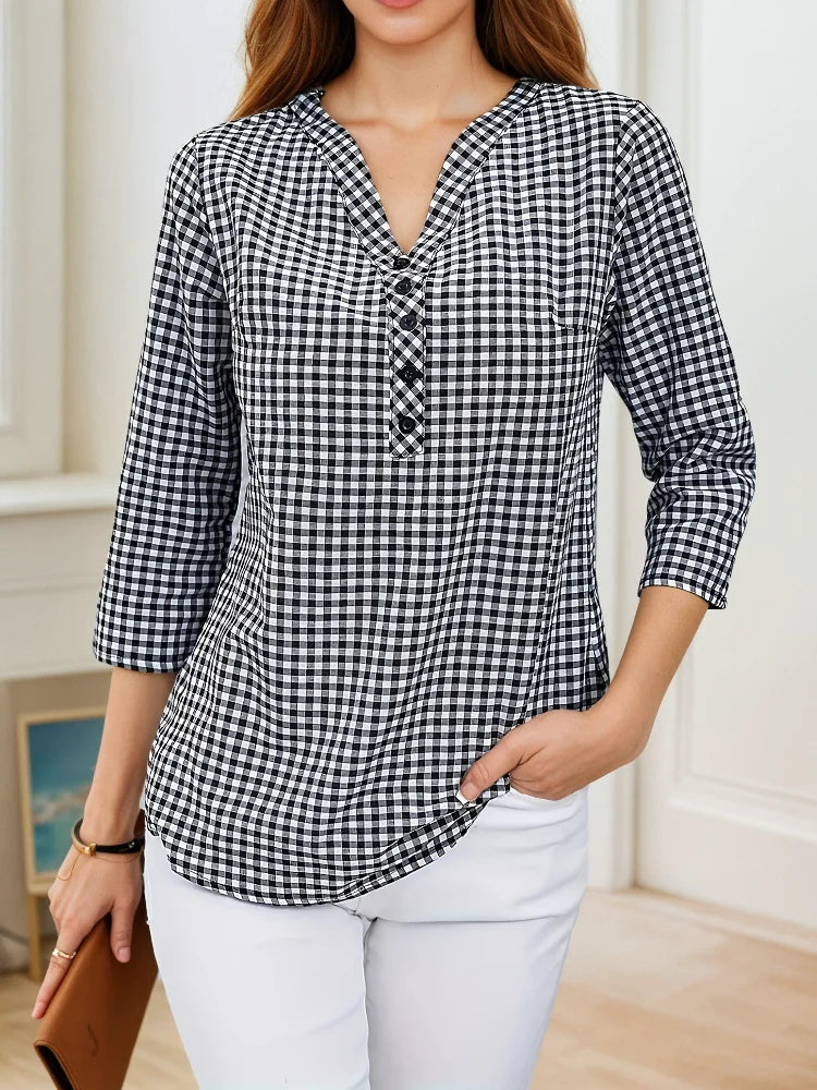 Blusa a Cuadros Finos | Cuello en V | Talla Grande | Tico Trendy