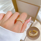 Anillos cruzados de circón de lujo a la moda para mujeres y niñas, anillo de dedo de cobre abierto ajustable de Color dorado, accesorios, regalos para amantes