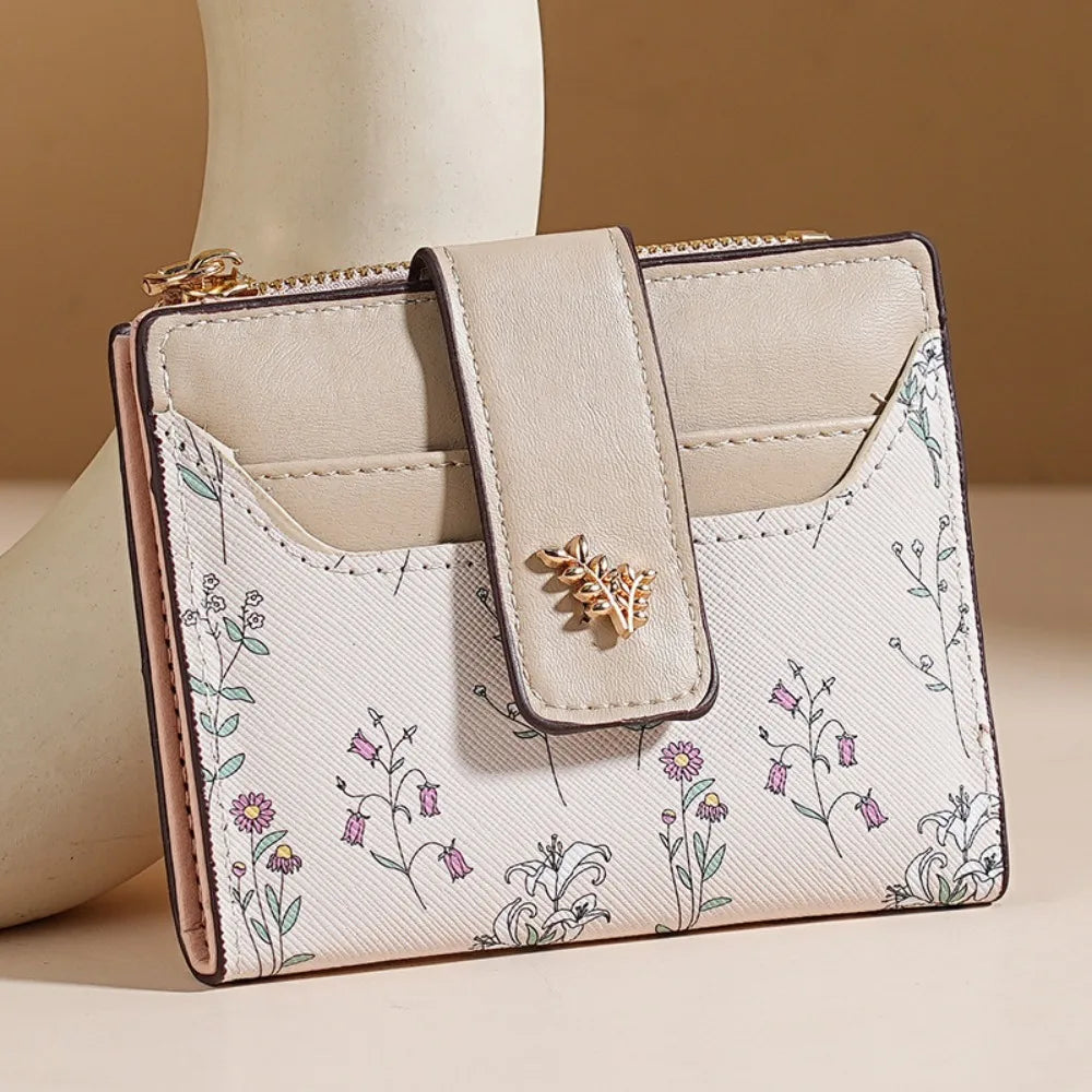 Cartera corta de cuero PU a la moda para mujer, tarjetero con cerrojo y flores pequeñas, cartera pequeña delgada, monedero multitarjetas para niña
