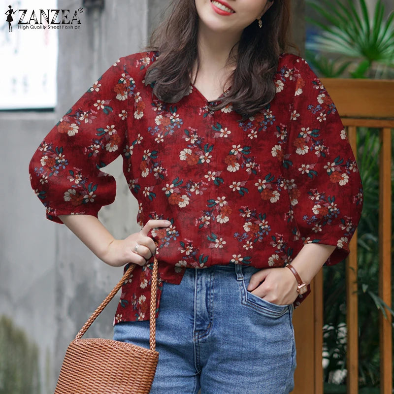 ZANZEA Blusas de algodón con estampado Floral de talla grande para mujer, blusas de manga 3/4 con cuello en V, Top de corte alto-bajo, Blusas informales para primavera y verano, 5XL
