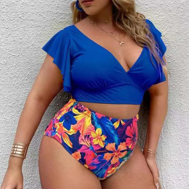 Bikini de Talla Grande con Volantes - Estampado y Tiro Alto para Playa