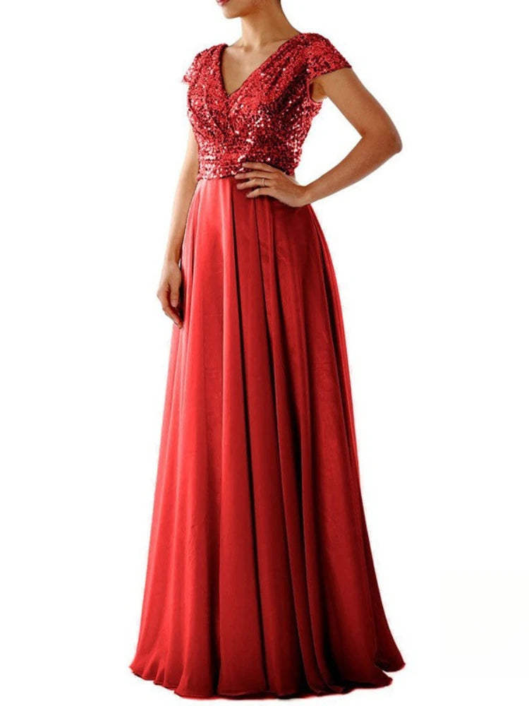 Vestido Cóctel Gasa Plisado Elegante Lentejuelas | Cuello V Formal Longitud Suelo