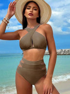 Conjunto de Bikini Halter de Color Sólido Cikini para Vacaciones y Playa