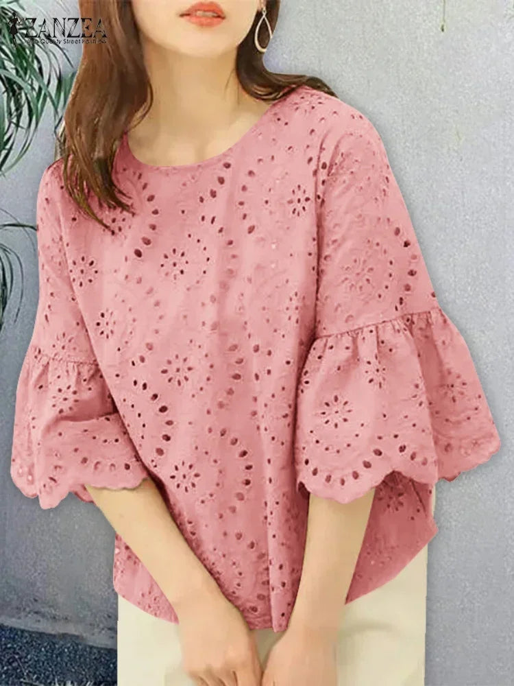 Blusa Bohemia Encaje Crochet Manga Tres Cuartos Estilo Patchwork Mujer