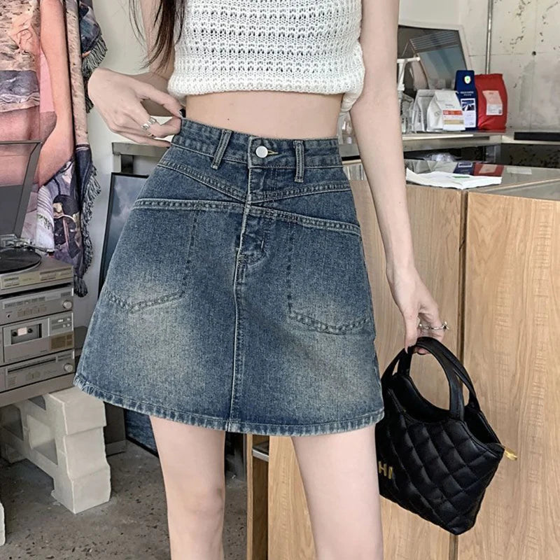 Falda Mini Vaquera Acampanada Cintura Alta | Estilo Coreano Casual Bolsillos