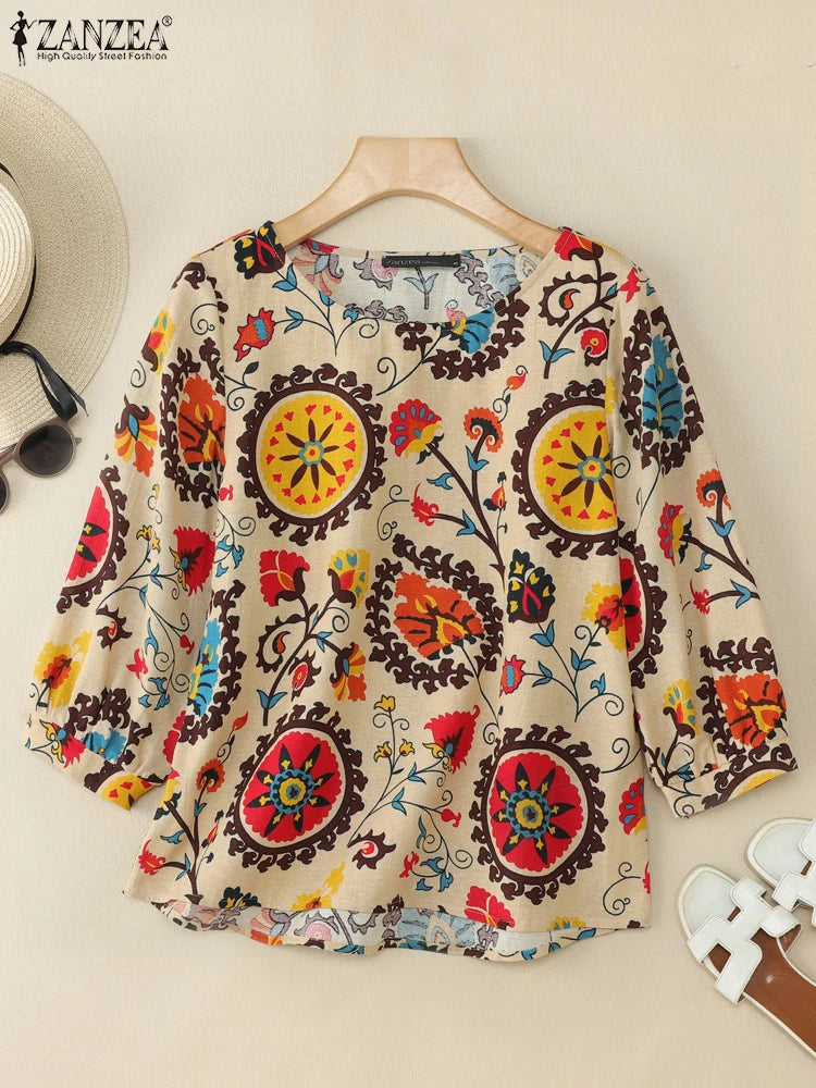 Blusa Retro para Mujer | Estampado Vintage | Túnica Holgada de Algodón | Ticotrendy