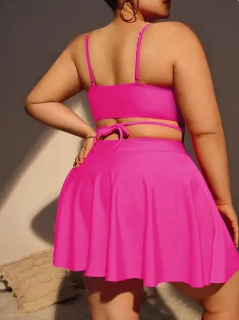 Bikini de 3 Piezas Talla Grande | Falda Cintura Alta | Color Sólido