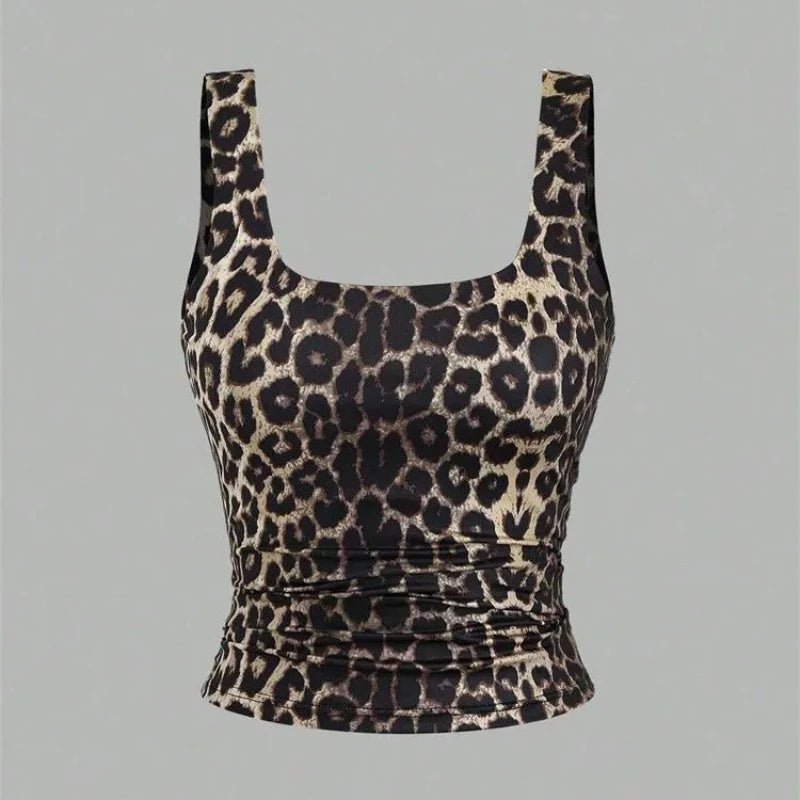 Ticotrendy | Top Fruncido Estampado Leopardo Espalda Descubierta Mujer