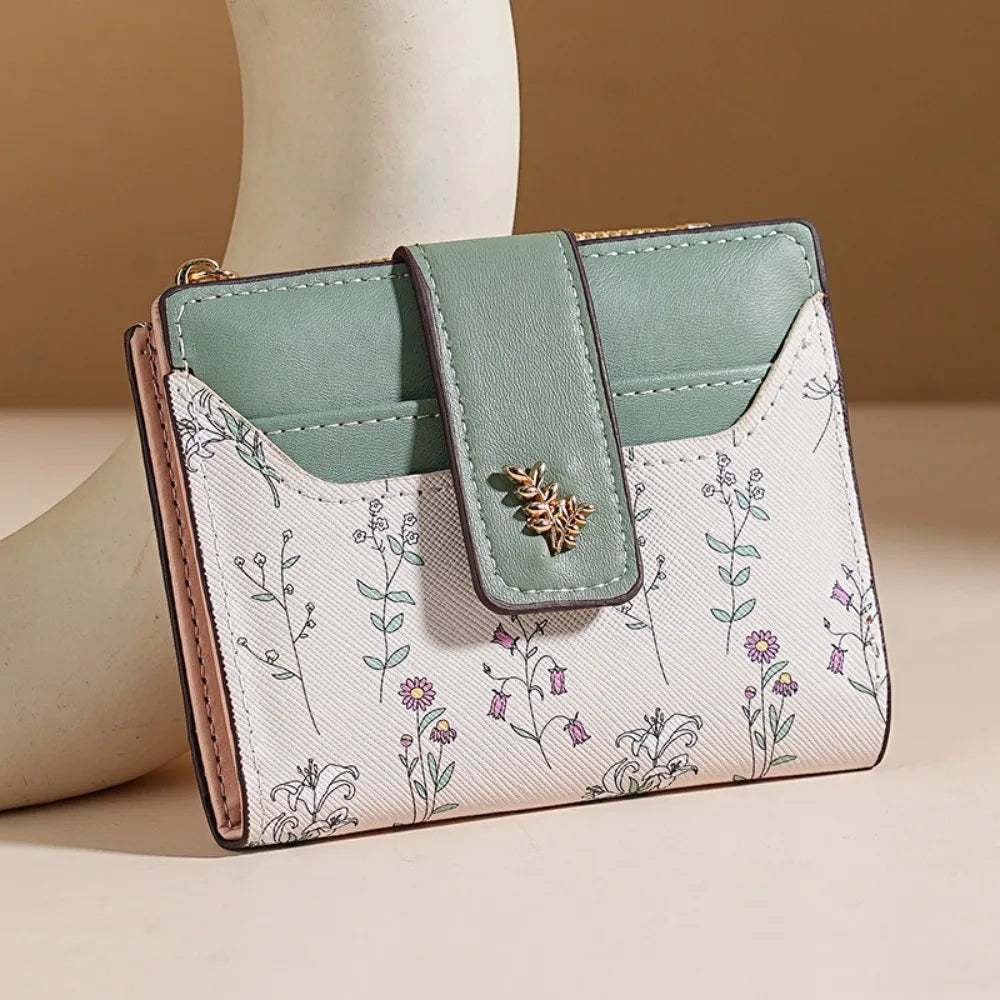 Cartera corta de cuero PU a la moda para mujer, tarjetero con cerrojo y flores pequeñas, cartera pequeña delgada, monedero multitarjetas para niña
