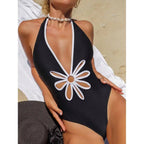 Traje de Baño de Una Pieza Halter - Ribete en Contraste y Diseño Ahuecado