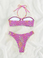 Bikini con Estampado Floral, Halter Ahumado y Parte Inferior de Tiro Alto