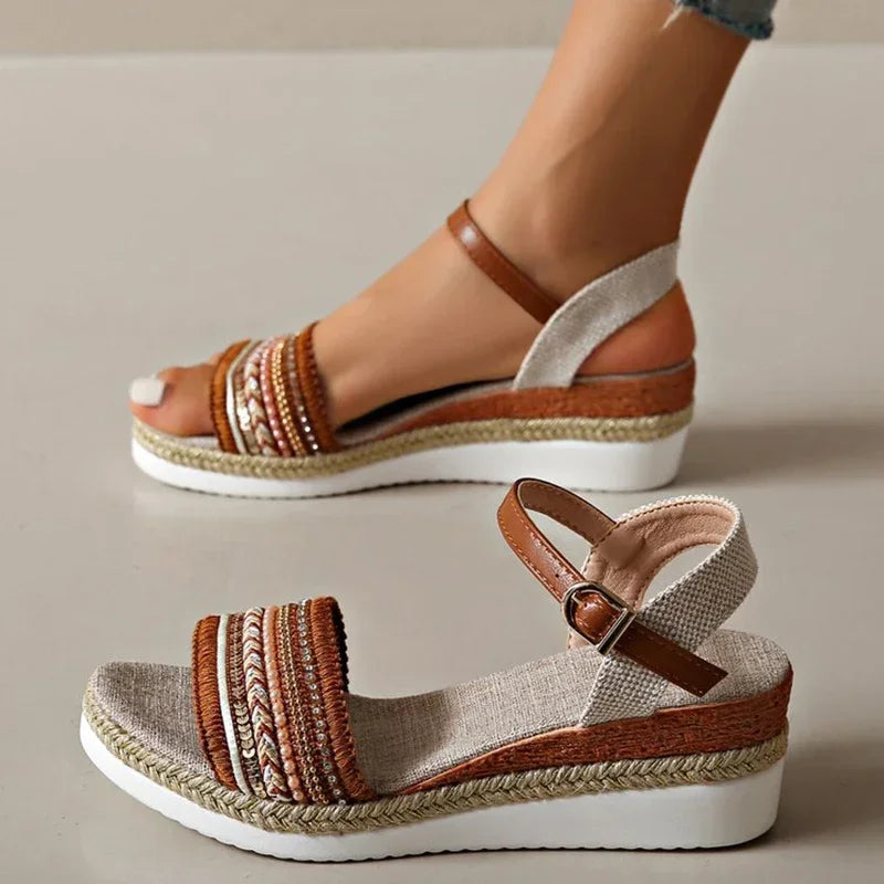 Sandalias Plataforma Cuña Vintage Flecos Cáñamo | Calzado Casual Estilo Moderno